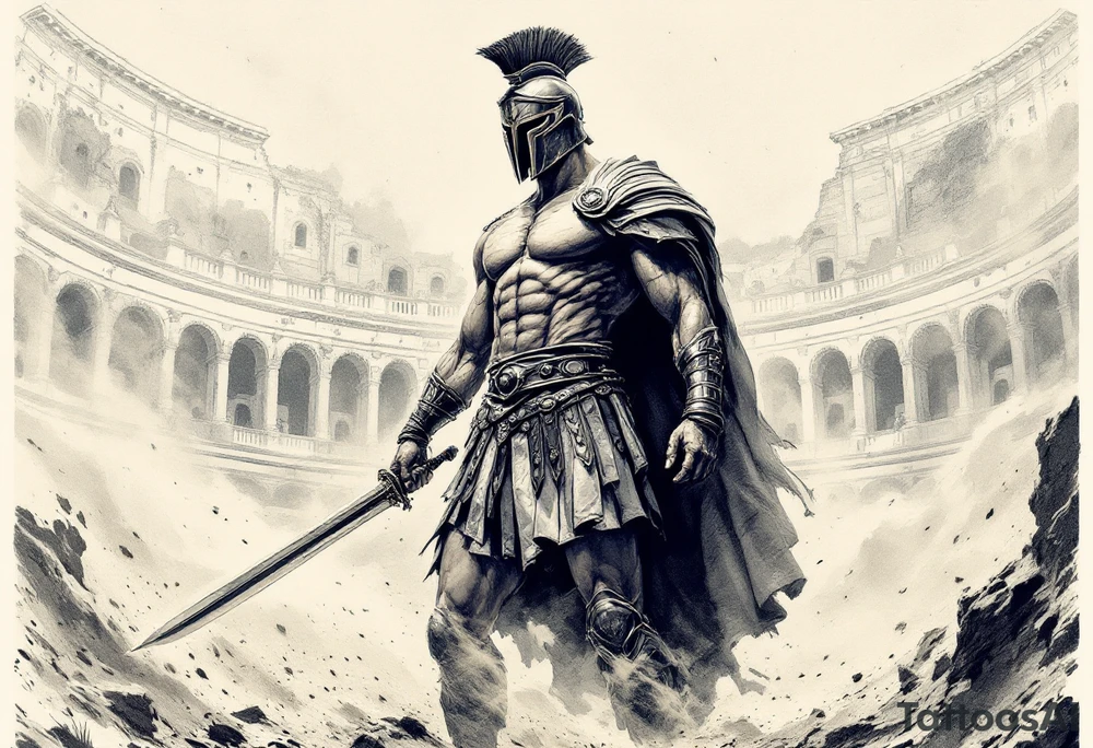 Powerful gladiator roman soldier standing full body provocative surrounded in interior colosseum combat sword helmet cape sand wind tattoo idea