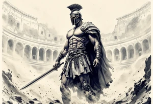 Powerful gladiator roman soldier standing full body provocative surrounded in interior colosseum combat sword helmet cape sand wind tattoo idea