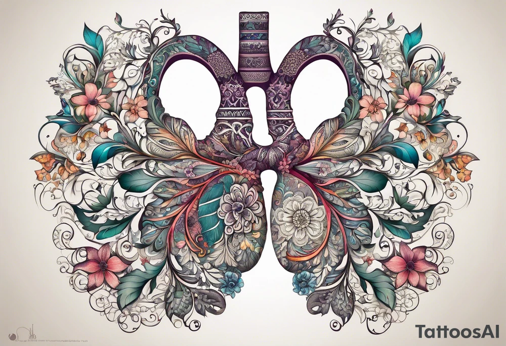 intricate and artistic arrangement of flowers and ornamental patterns that come together to form the shape of human lungs. The design should have a balance of delicacy and detail, with vibrant floral elements seamlessly intertwining to mimic the structure of the lungs, including the bronchi branching into floral motifs. Incorporate subtle shading and depth to give the tattoo a dynamic and organic feel, while maintaining elegance and symmetry, embrace by an octopus tattoo idea