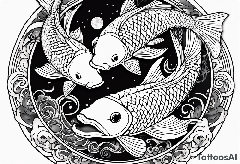 koi fish Tui and La from from avatar the last airbender circling each other with moon imagery around them tattoo idea