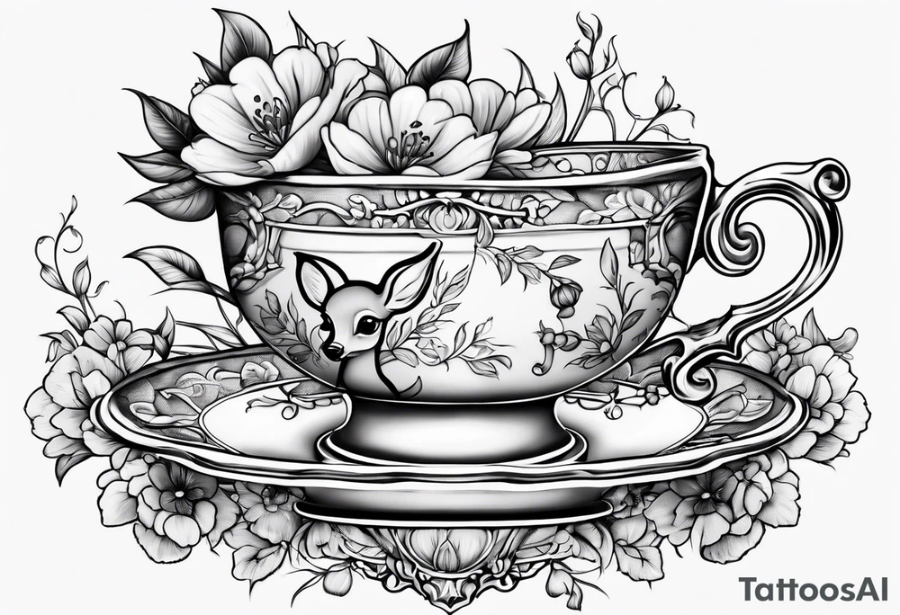 simple line art fawn in a victorian teacup tattoo idea