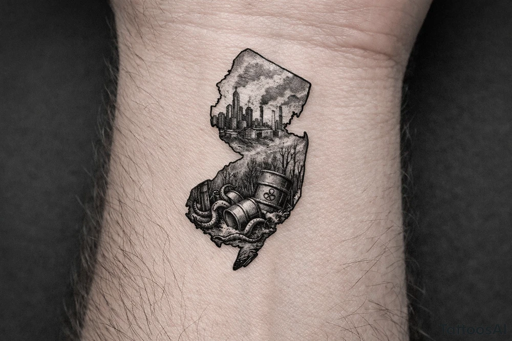 Outline of the shape of New Jersey with a dirty city skyline in the north fading in smog filled refineries in the northern part of central Jersey going into a toxic waste forest with a few tentacles and hazardous waste barrels tattoo idea