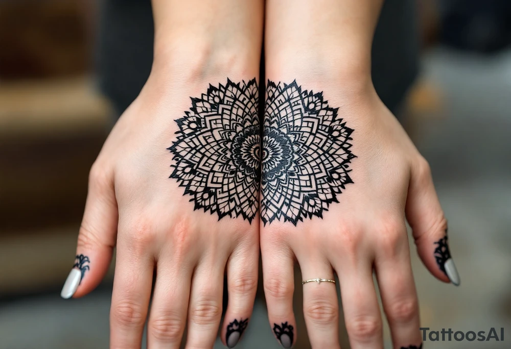 Intricate black half-mandala designs on the side of each partner hand form a whole when joined. tattoo idea