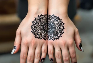 Intricate black half-mandala designs on the side of each partner hand form a whole when joined. tattoo idea