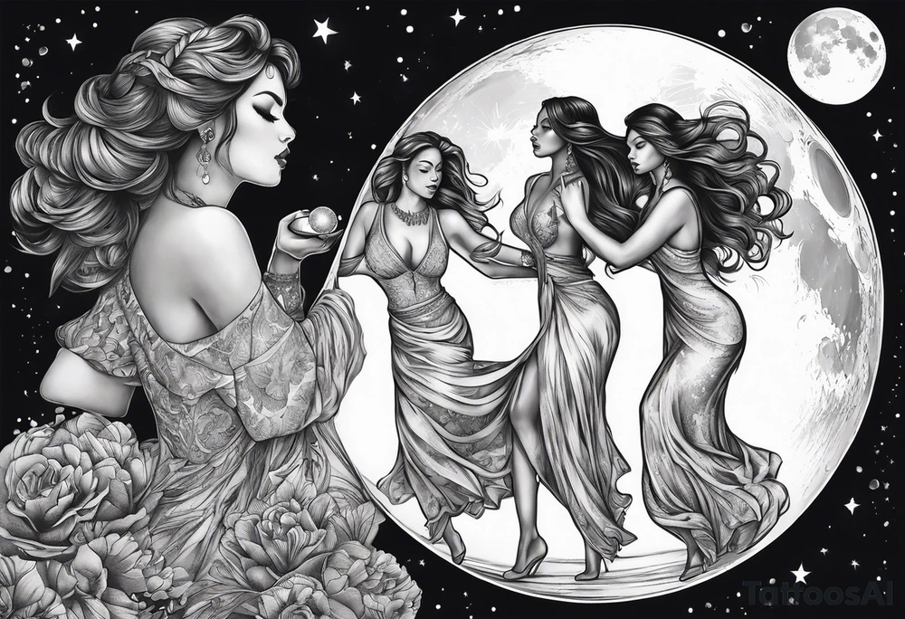 crystal ball that shows three women dancing underneath a full moon tattoo idea