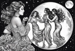 crystal ball that shows three women dancing underneath a full moon tattoo idea