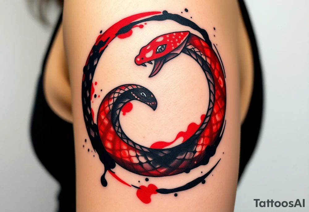 An ink-splattered Ouroboros snake forming cyrcle, appearing as if it was painted in bold brush strokes of deep red and black, symbolizing artistic chaos and creation. tattoo idea