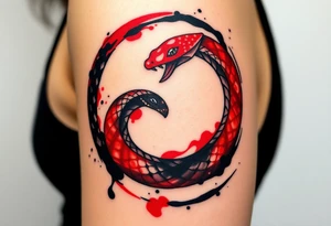 An ink-splattered Ouroboros snake forming cyrcle, appearing as if it was painted in bold brush strokes of deep red and black, symbolizing artistic chaos and creation. tattoo idea