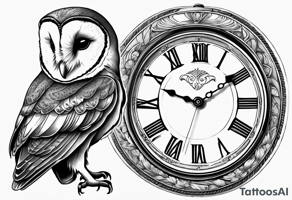 Barn owl holding a pocket watch with the time set at 1:43 tattoo idea