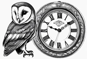 Barn owl holding a pocket watch with the time set at 1:43 tattoo idea