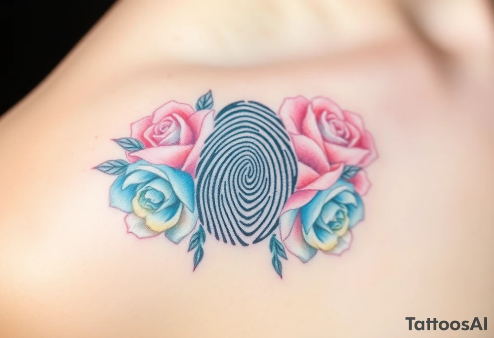 A fingerprint with soft pastel roses around, creating a delicate floral ...
