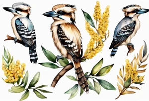 Small kookaburra sitting on wattle leaves tattoo idea