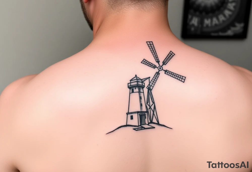 Combine Left half of lighthouse with right half of farm windmill. Simple lines minimalist slightly offset tattoo idea