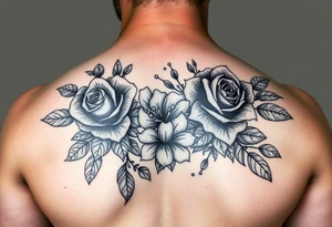 Realistic roses and lilies 
and leaves with embellishments tattoo idea