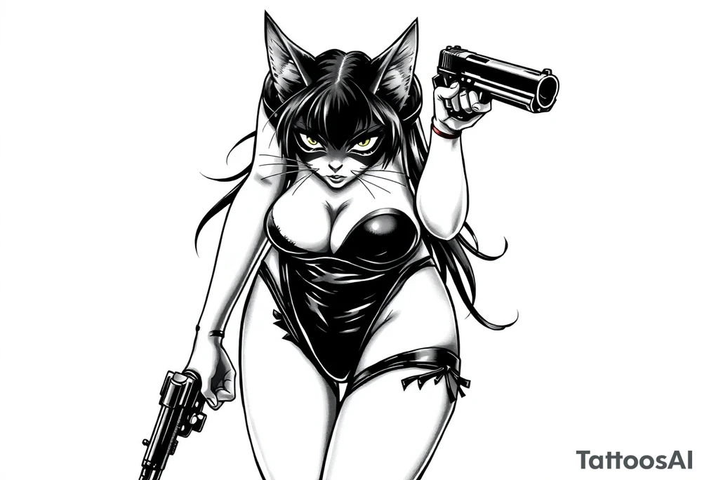naked catgirl, slut, anime, holding gun, black, leather bikini, angry tattoo idea