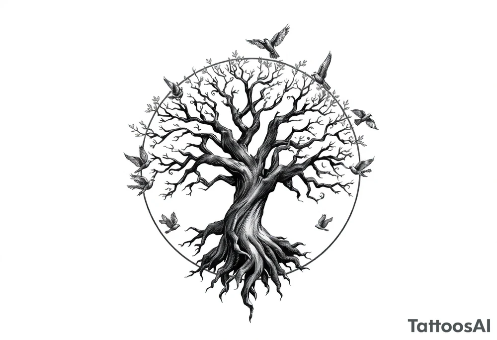 Tree of life in a broken circle with birds flying out tattoo idea