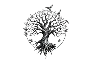 Tree of life in a broken circle with birds flying out tattoo idea