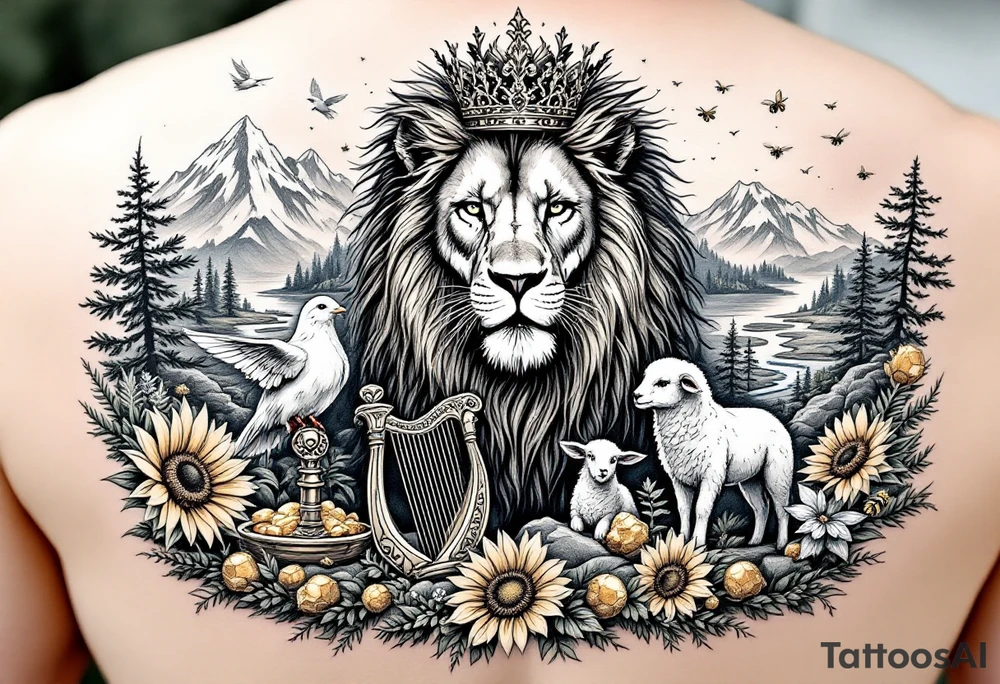 In beautiful  mountain scene with streams and lakes a majestic lion interacts and protects a dove, a lamb,  a sunflower, a harp, a golden nugget, an ancient hammer, a crown, and honeybees.  Everything works together synergistically and gives an uplifting hopeful vibe tattoo idea