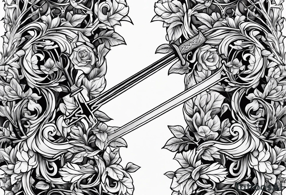 Leafy vines with sword tattoo idea