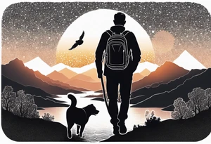 nature, sunset, mountains, a father and son hiking with their dog and cat and a cross tattoo idea