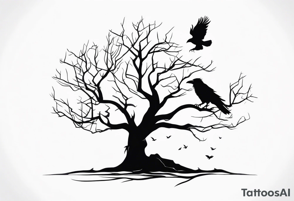 Dead tree with roots and sitting raven silhouette tattoo idea Dead tree with roots and sitting raven silhouette tattoo idea