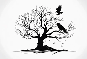 Dead tree with roots and sitting raven silhouette tattoo idea