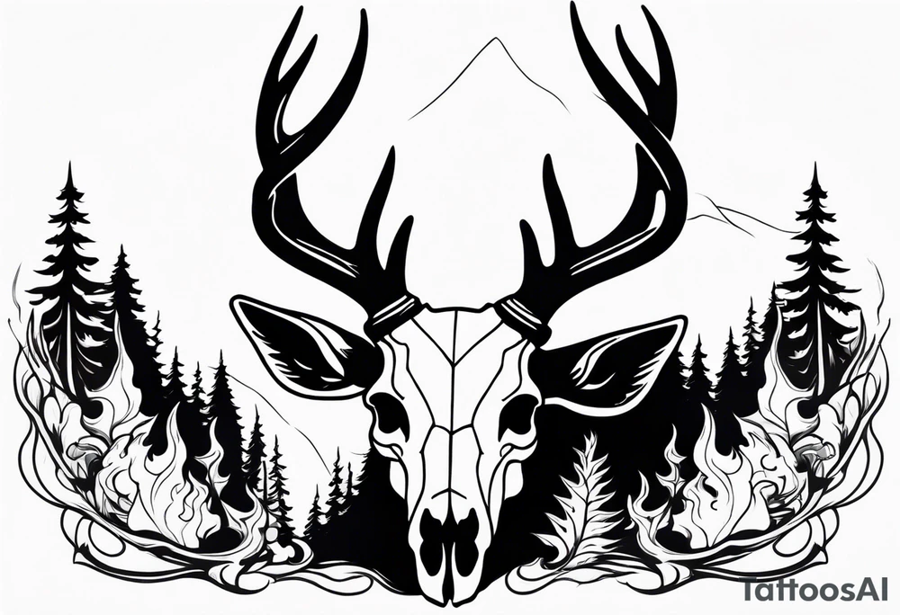 side view of a deer skull JUST BONE surrounded by a flames and trees tattoo idea
