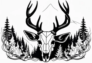 side view of a deer skull JUST BONE surrounded by a flames and trees tattoo idea
