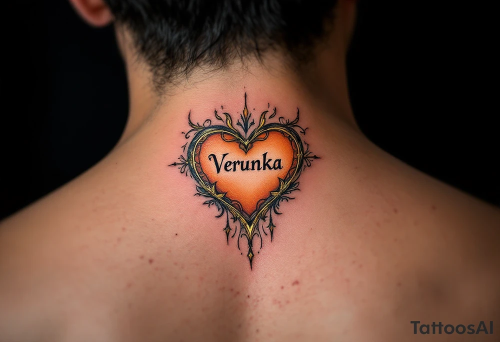 A soft orange heart outlined in gold, framing the name Verunka. tattoo idea
