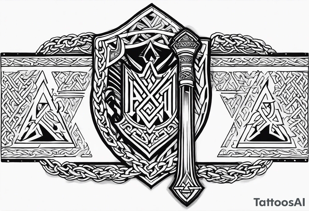 Valhalla sword shield axe Valknut chains tattoo idea