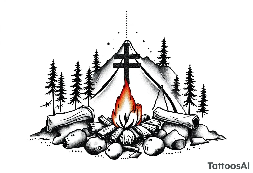 Campsite with a campfire with a cross tattoo idea