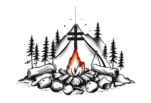 Campsite with a campfire with a cross tattoo idea