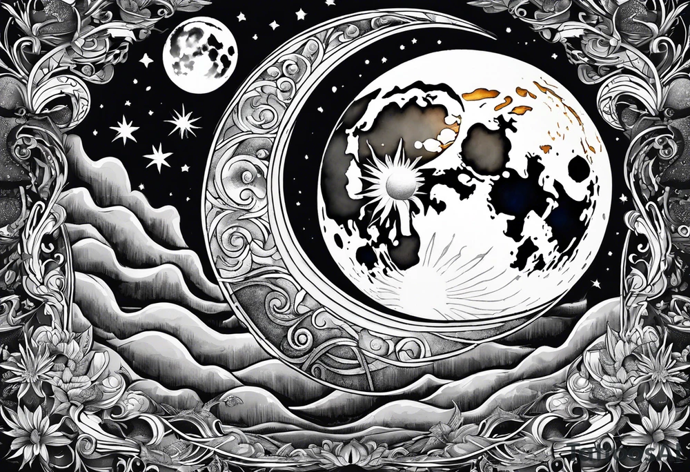 Moon and a sun, that covers half the moon but you can still see the moon and the sun tattoo idea