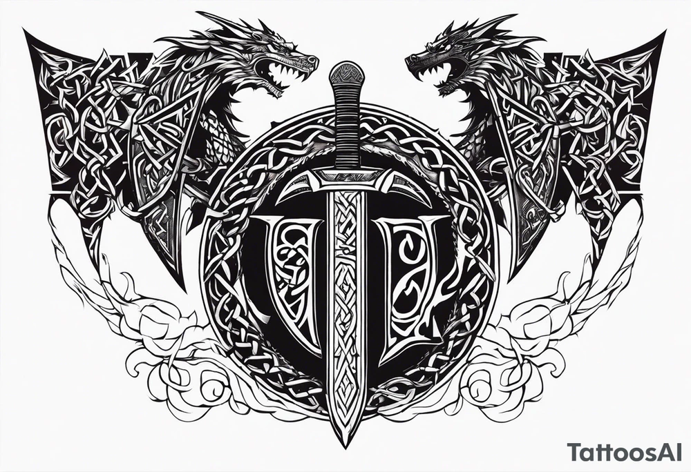 Valhalla sword shield dragon axe Valknut barbed wire chains tribal tattoo idea Valhalla sword shield dragon axe Valknut barbed wire chains tribal tattoo idea