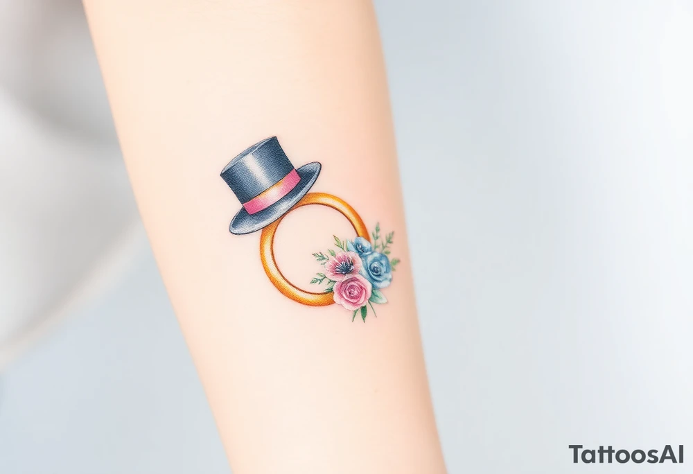 two golden wedding rings with top hat and wedding bouquet tattoo idea