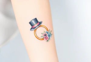 two golden wedding rings with top hat and wedding bouquet tattoo idea