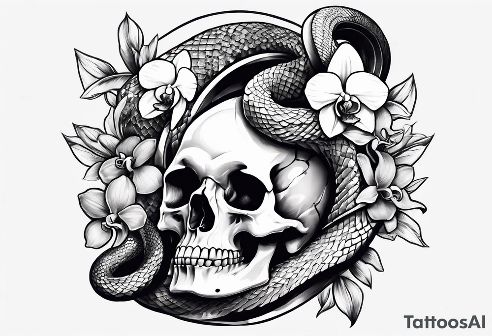 Snake wrapped around dagger, orchids and skulls tattoo idea