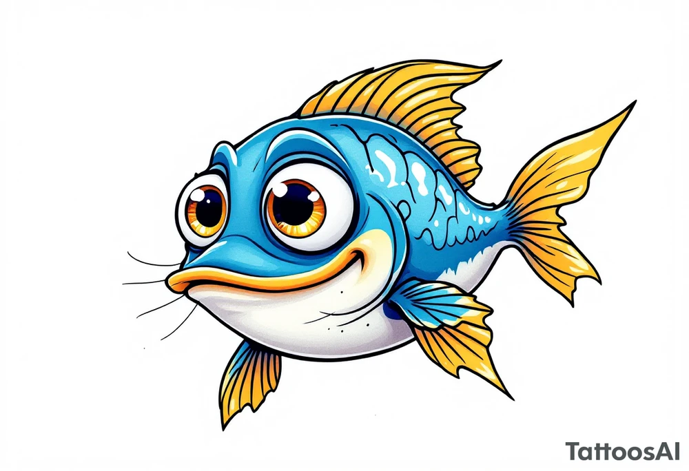 Cartoon Catfish Character – A friendly, round-bellied catfish with sky-blue body, yellow fins, and oversized, expressive eyes, ideal for a fun and playful design. tattoo idea