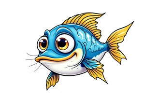 Cartoon Catfish Character – A friendly, round-bellied catfish with sky-blue body, yellow fins, and oversized, expressive eyes, ideal for a fun and playful design. tattoo idea