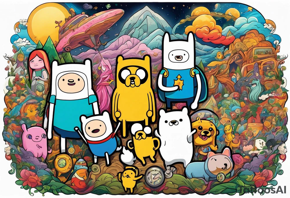 Full sleeve with adventure Time Characters tattoo idea