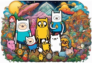 Full sleeve with adventure Time Characters tattoo idea