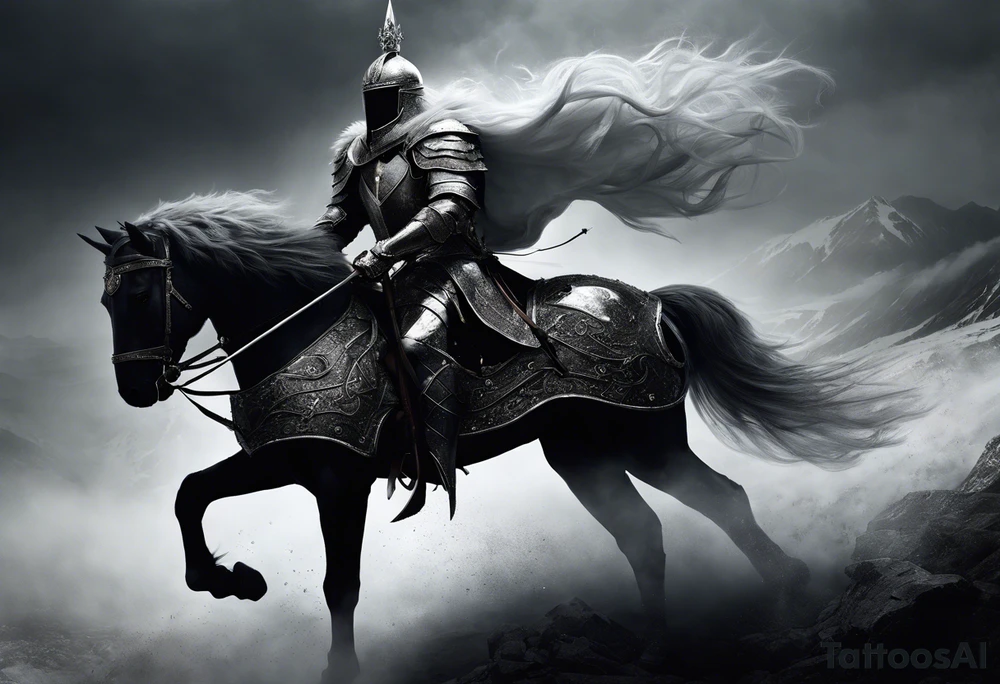 Dark art of the first horseman of the apocalypse. Wearing iron armor with a crown-shaped helmet, carrying a bow and arrows in one hand, he rides a white horse that is strong and slender, wearing shiny ornaments on his face. It is not possible to see the horseman's face, which is obscured by the darkness and fog in the image. It is important that the horseman is facing the image. tattoo idea