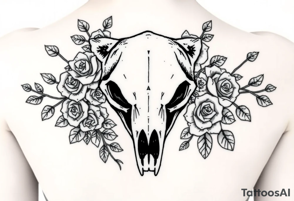 Line polar bear skull intertwined with climbing roses and thorny vines tattoo idea