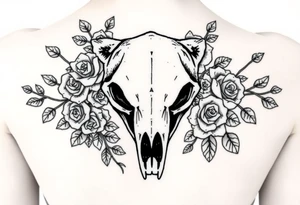 Line polar bear skull intertwined with climbing roses and thorny vines tattoo idea