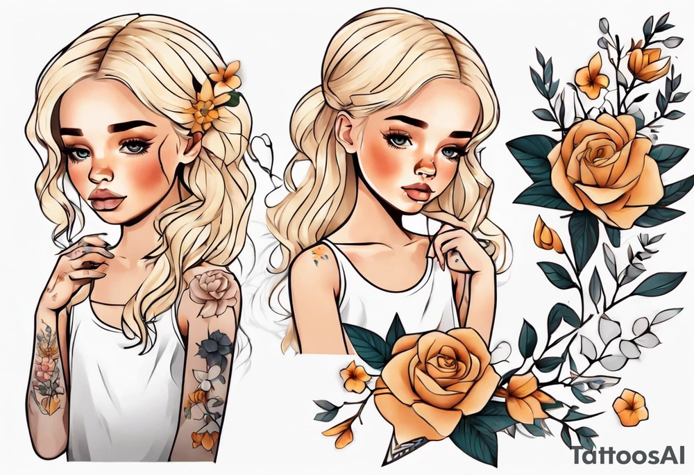Little girl with blonde hair holding flowers tattoo idea