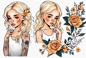 Little girl with blonde hair holding flowers tattoo idea