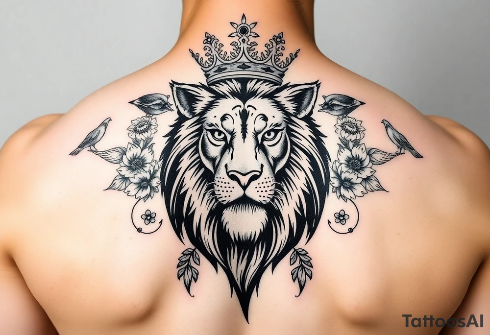 powerful majestic lion with a crown, surrounded by floral ornaments and birds tattoo idea