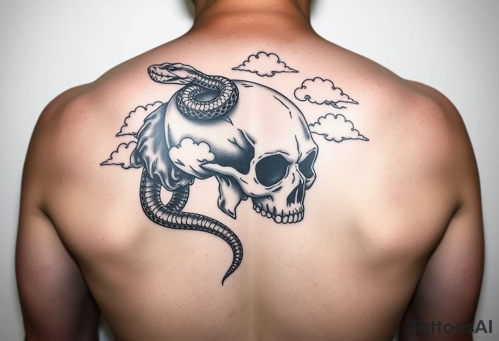 Upper right back to shoulder tattoo of realistic skull with rattlesnake and clouds. No color, except white for highlights. tattoo idea