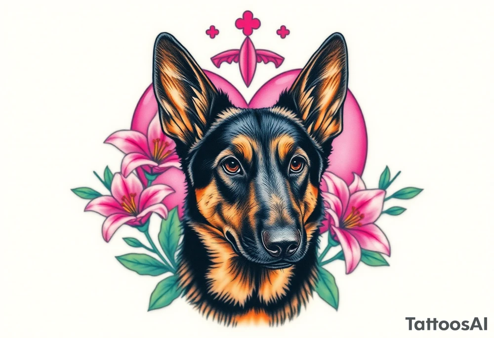 realistic german shepherd with alert ears looking protective surrounded by pink lilies with leaves in front of a sacred heart tattoo idea