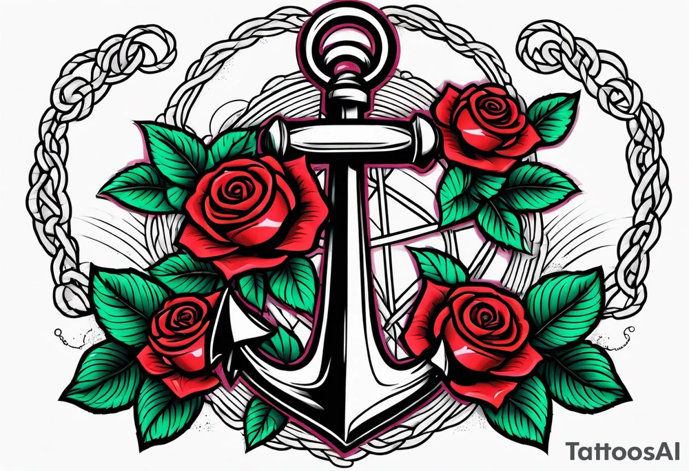 anchor with rope and roses old school simple traditional vintage tattoo idea